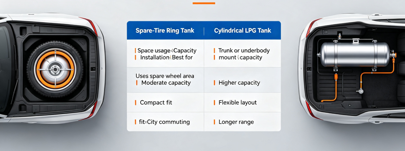 Heavy duty cylindrical LPG tank mounted behind rear seats in trunk space.png Toroidal LPG autogas tank fitted into spare tire wheel well in car trunk.png