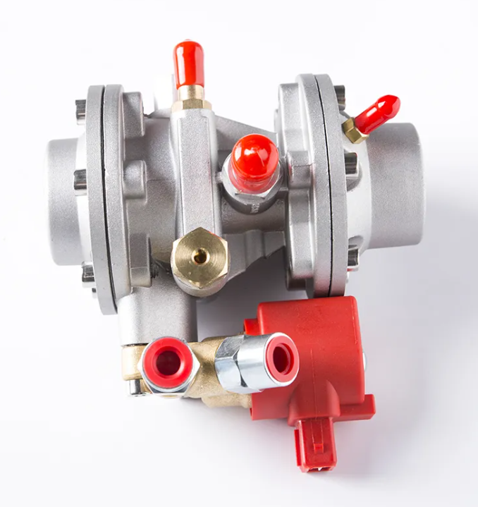 Close-up view of inlet port and solenoid coil assembly for NGV CNG pressure regulator